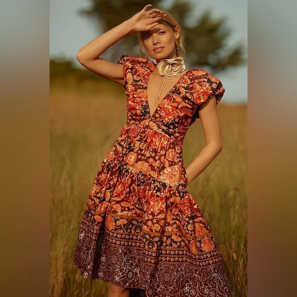 NEW Anthropologie Tie-Back Floral Midi Dress Red Motif Women’s Size 4